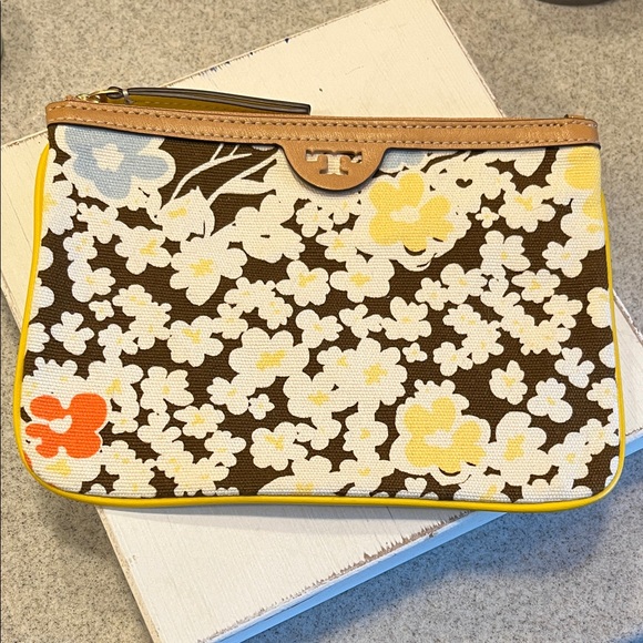 Tory Burch Brown and Yellow Clutch Floral and Basketweave Patterns
